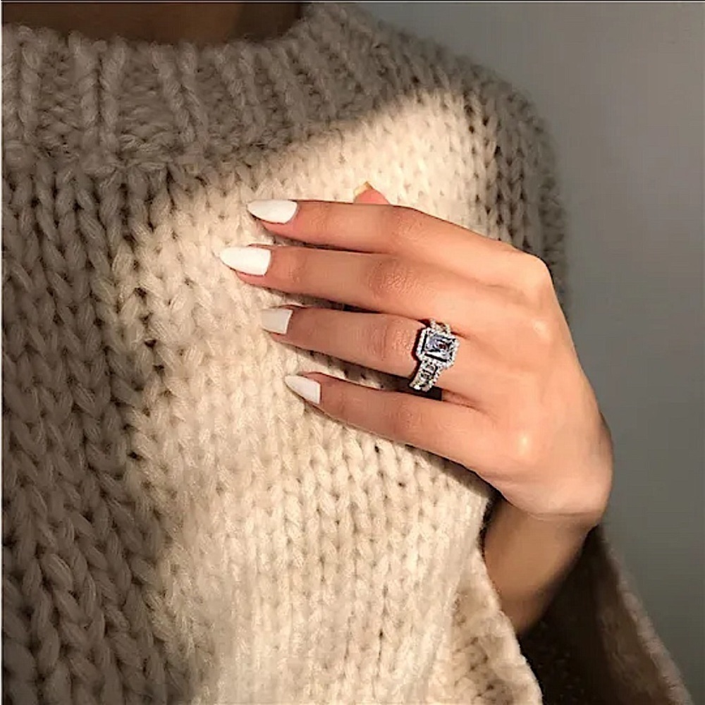 Sterling Silver Baguette Ring Square Cut Zircon - Picture 9 of 11